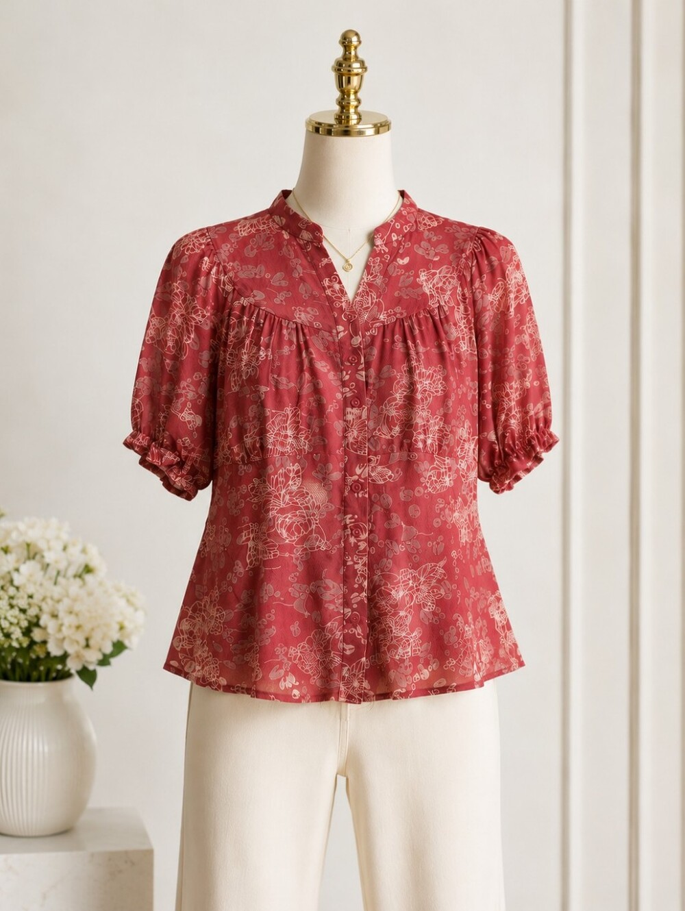 Coral Floral Button-Front Blouse